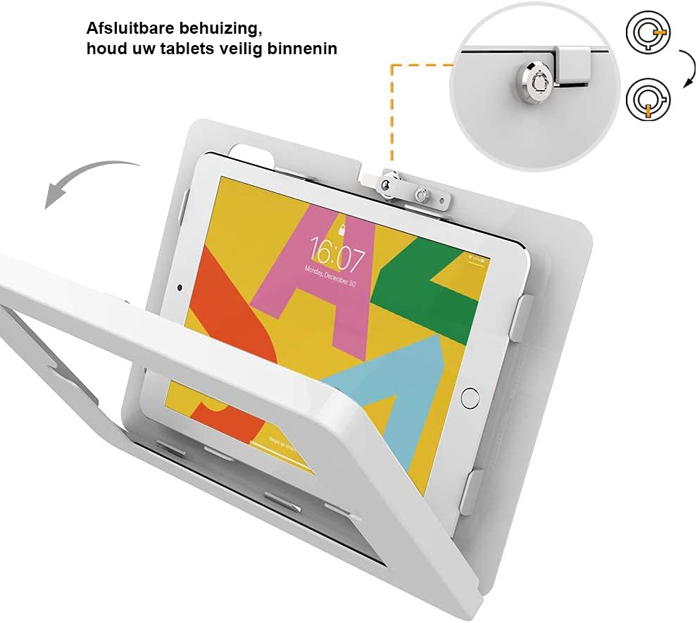 iPad Muurbeugel met Anti-Diefstal Slot - Tablet Wandhouder met Sleutel - 30° Kantelbaar, Staand of Liggend - iPad 10,2 inch 7e, 8e en 9e generatie