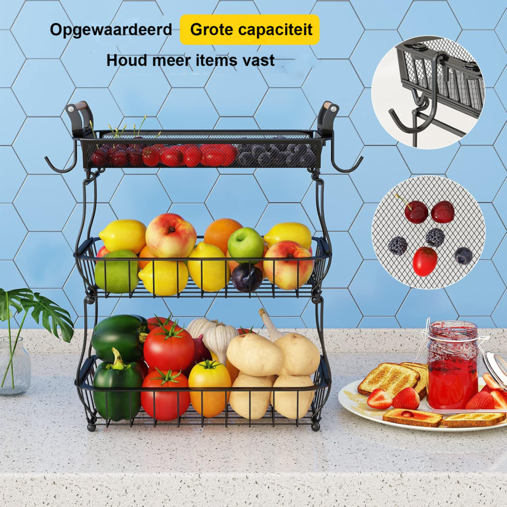 Zwarte 3-laagse fruitmand met 2 bananenhangertjes en metalen mesh mand