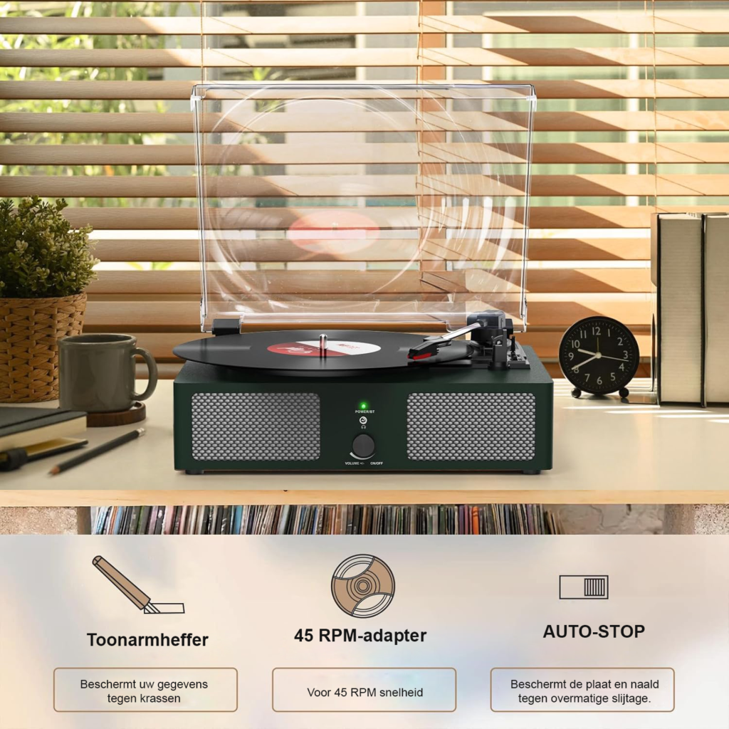 Platenspeler met geïntegreerde speakers zwart met Bluetooth en retro houten ontwerp 3 snelheden