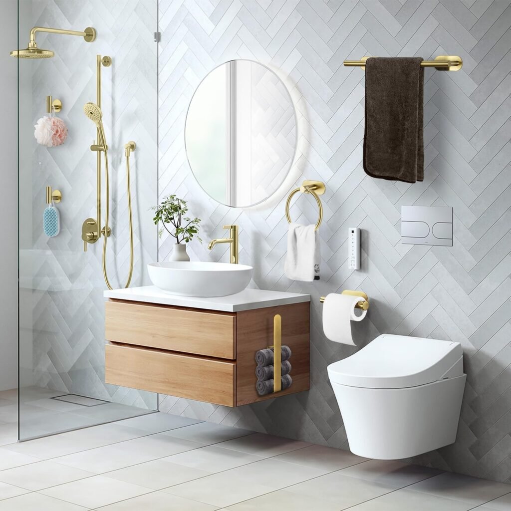 Gouden handdoekrek set 8-delig met 5 haken, handdoekring en toiletrolhouder voor badkamer zonder boren