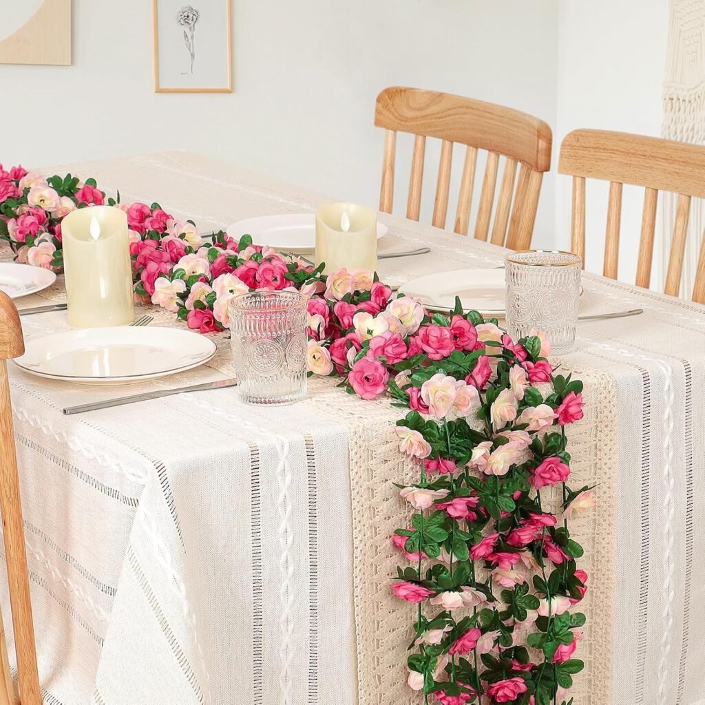 Roze kunstbloemenslinger met rozen, 8 stuks van 2,44 meter voor bruiloft, wanddecoratie en buitenversiering