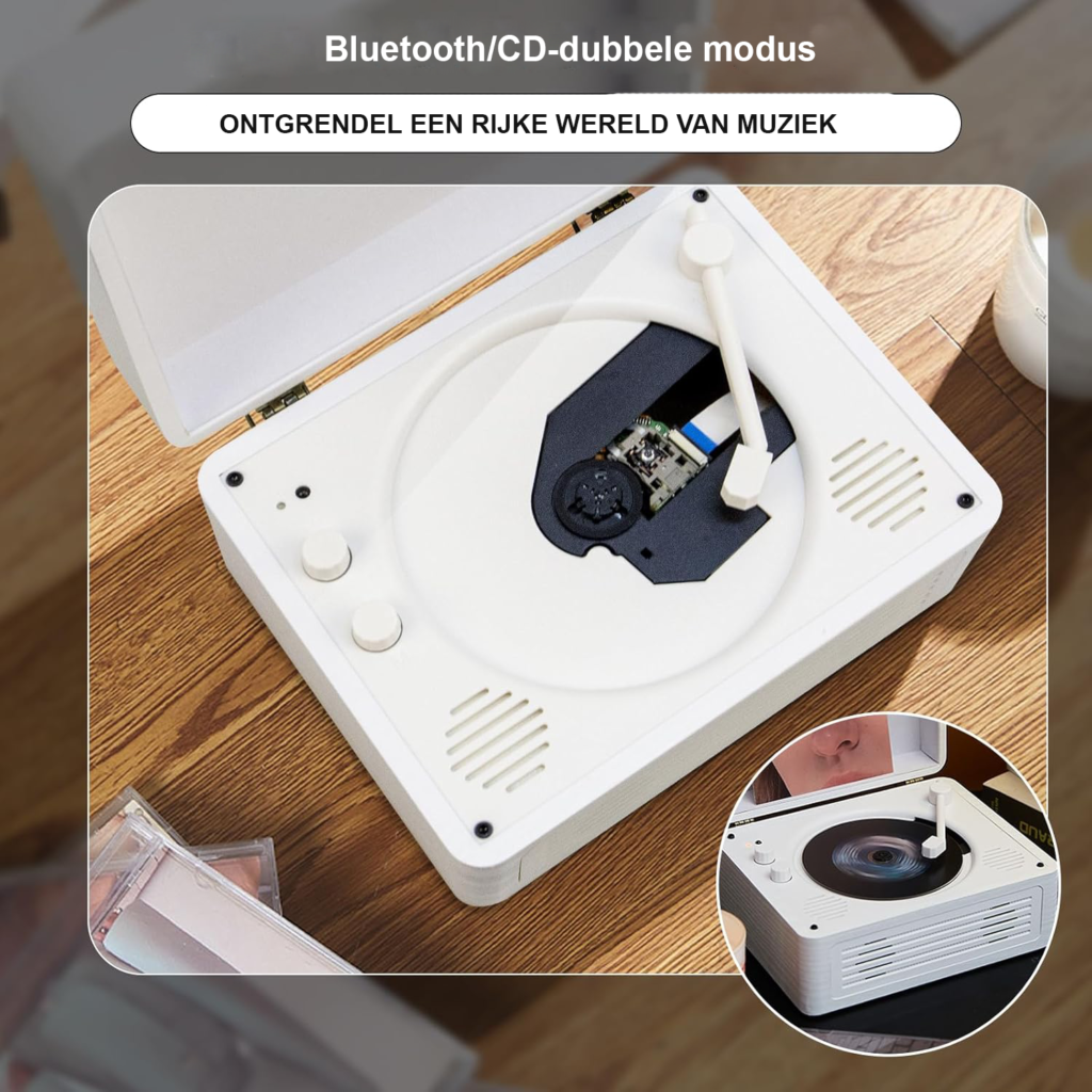 Witte houten draagbare CD-speler met Bluetooth 5.4 en Hi-Fi speakers