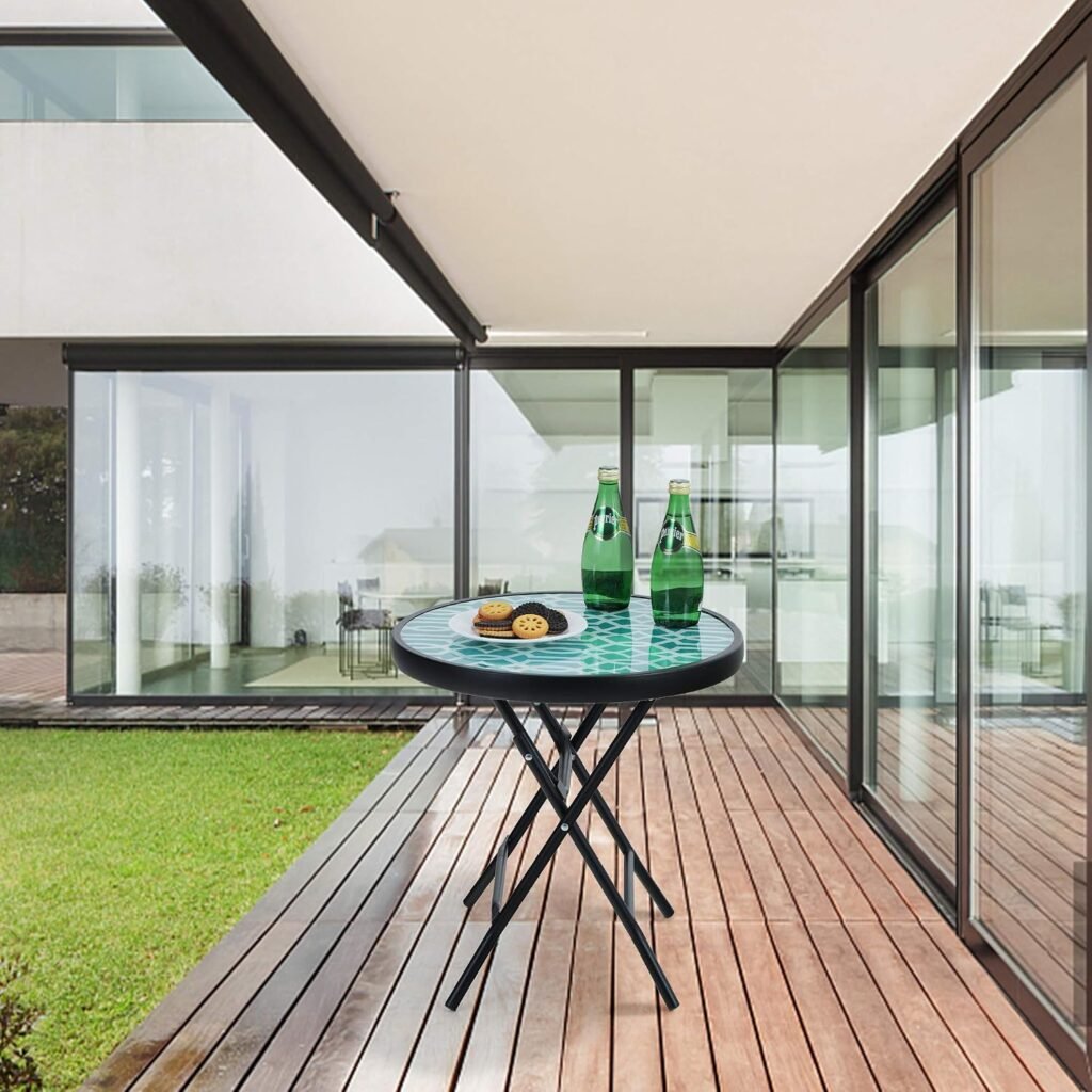 Ronde opvouwbare bijzettafel met glazen tafelblad en metalen frame voor balkon, tuin, terras en woonkamer