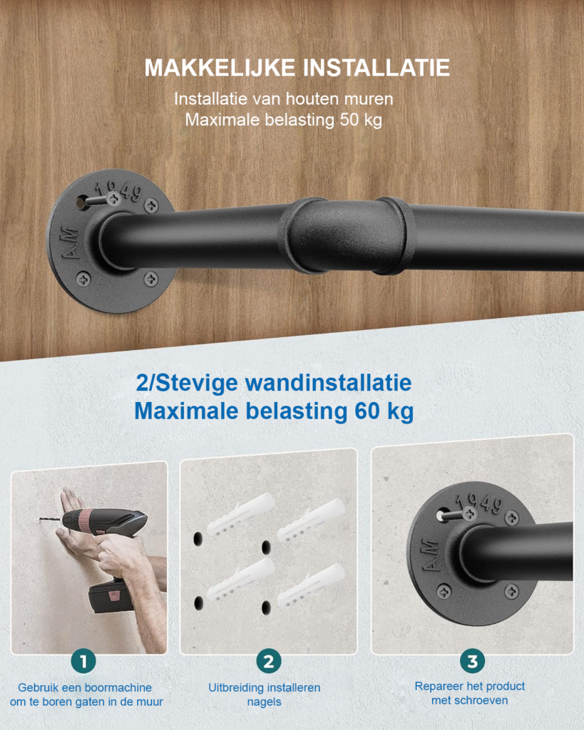 Industriële zwarte kledingstang voor muurbevestiging met verwijderbare hangers