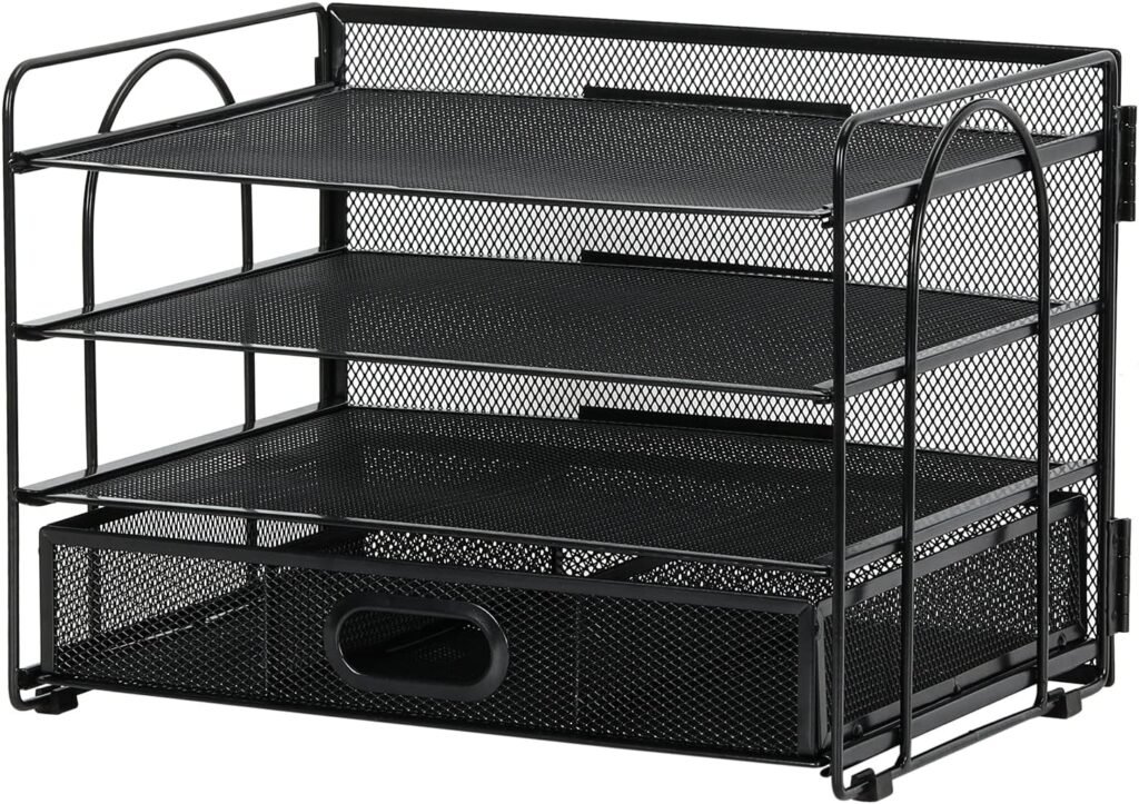 A4 bureau organizer met 4 lagen en zwart mesh documentenrek