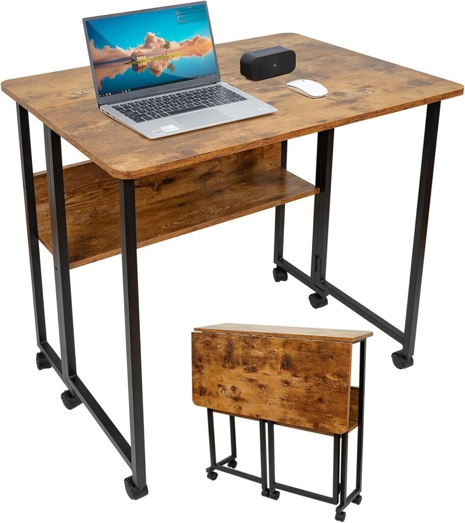 Opvouwbaar bureau met wielen donkerbruin met zijplank voor thuiswerkplek 80 x 58 x 75 cm