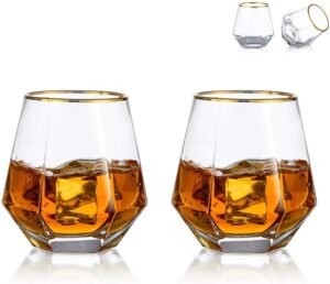 Diamant Whiskeyglazen Set van 2 – Gekantelde Whisky Tumbler Glazen – Uniek Diamantdesign – Voor Whiskey en Cocktails