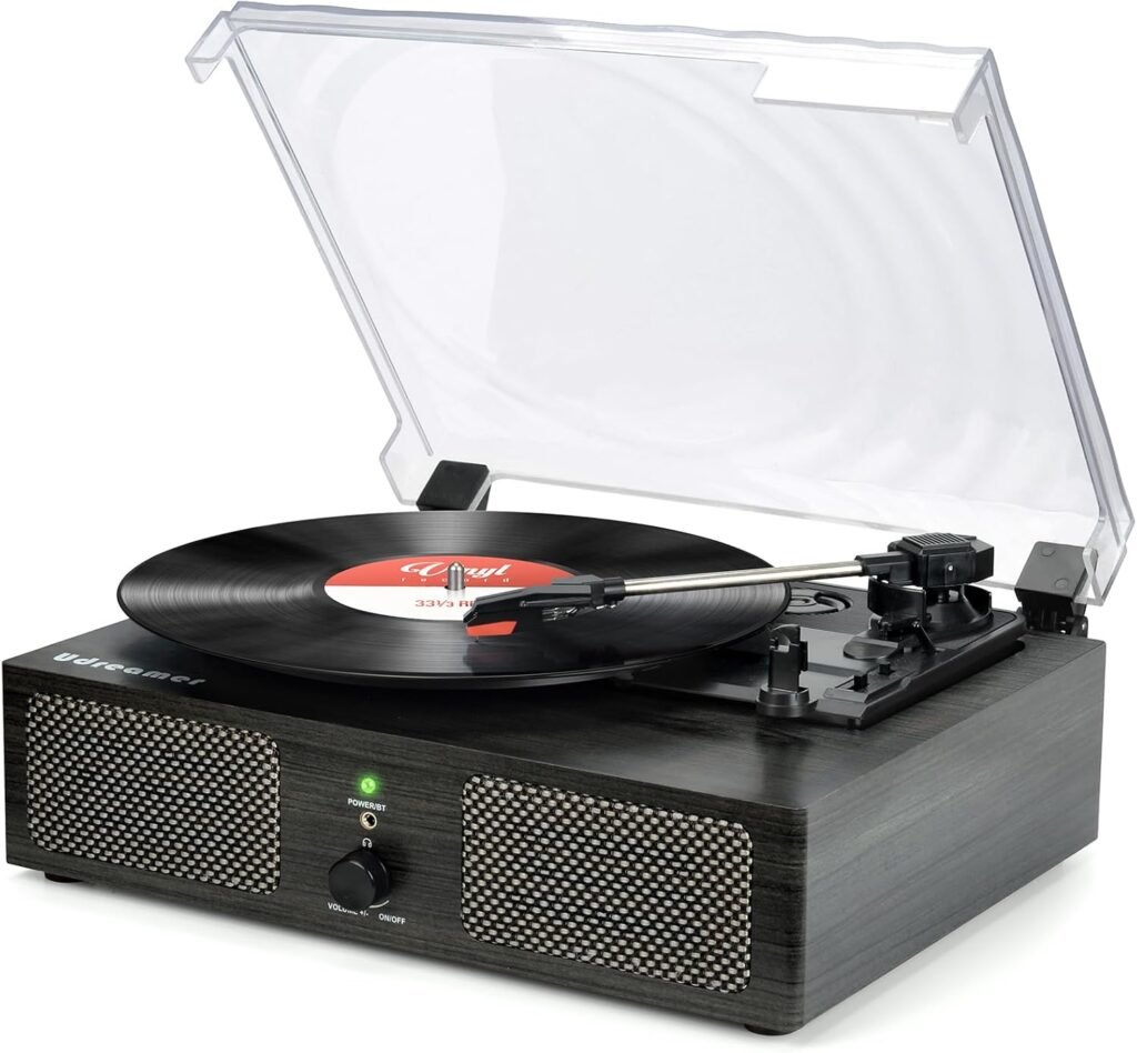 Platenspeler met geïntegreerde speakers zwart met Bluetooth en houten behuizing voor vinyl afspelen
