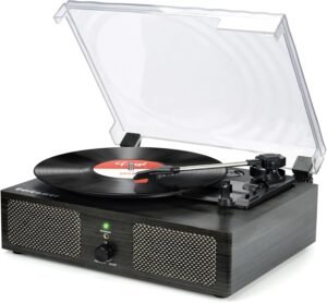 Platenspeler met Geïntegreerde Speakers – Bluetooth Draaitafel met Belt Drive – Vintage Grammofoon met Houten Behuizing – 3 Snelheden Zwart