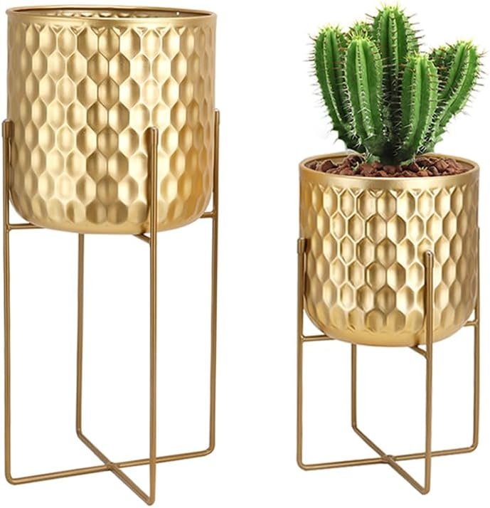 Set van 2 gouden metalen bloempotten met standaard voor binnen en buiten, plantenhouders van 31 cm en 45 cm.