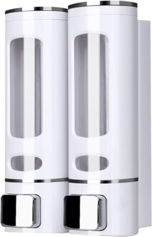 Witte zeepdispenser set 2x 400 ml van ABS kunststof voor douchegel, shampoo en handzeep, handmatige wanddispenser voor badkamer en toilet.