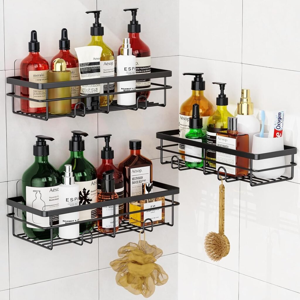Doucheplank zonder boren zwart RVS badkamerrek set van 3 voor shampoo en doucheaccessoires