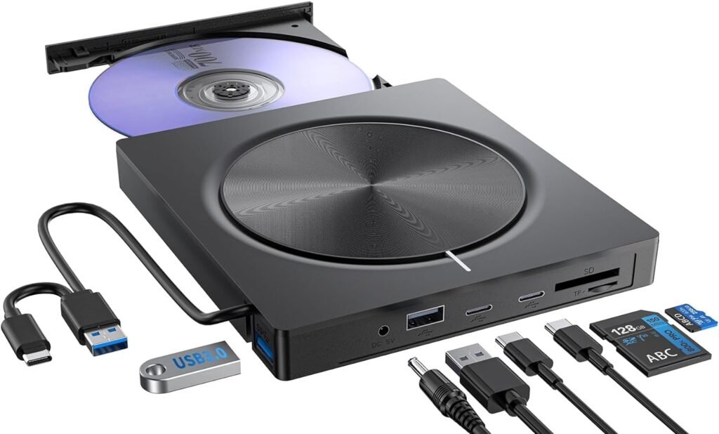 Externe CD/DVD speler met USB 3.0 en USB-C voor laptop en desktop met draagbare DVD brandfunctie en SD/TF slot
