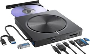 Externe CD DVD Speler USB 3.0 – Draagbare DVD Brander voor Laptop en Desktop – CD/DVD RW Drive met USB-A, USB-C en SD/TF Slot – Voor Windows en macOS