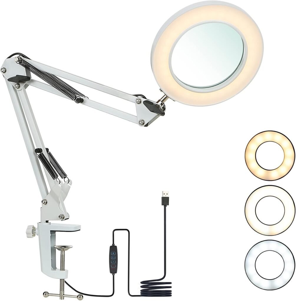 LED vergrootlamp met klem en 8x vergroting, verstelbare arm, 3 lichtkleuren en dimbare tafelverlichting voor hobby en werkplek
