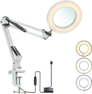 LED vergrootlamp met klem en 8x vergroting, verstelbare arm, 3 lichtkleuren en dimbare tafelverlichting voor hobby en werkplek