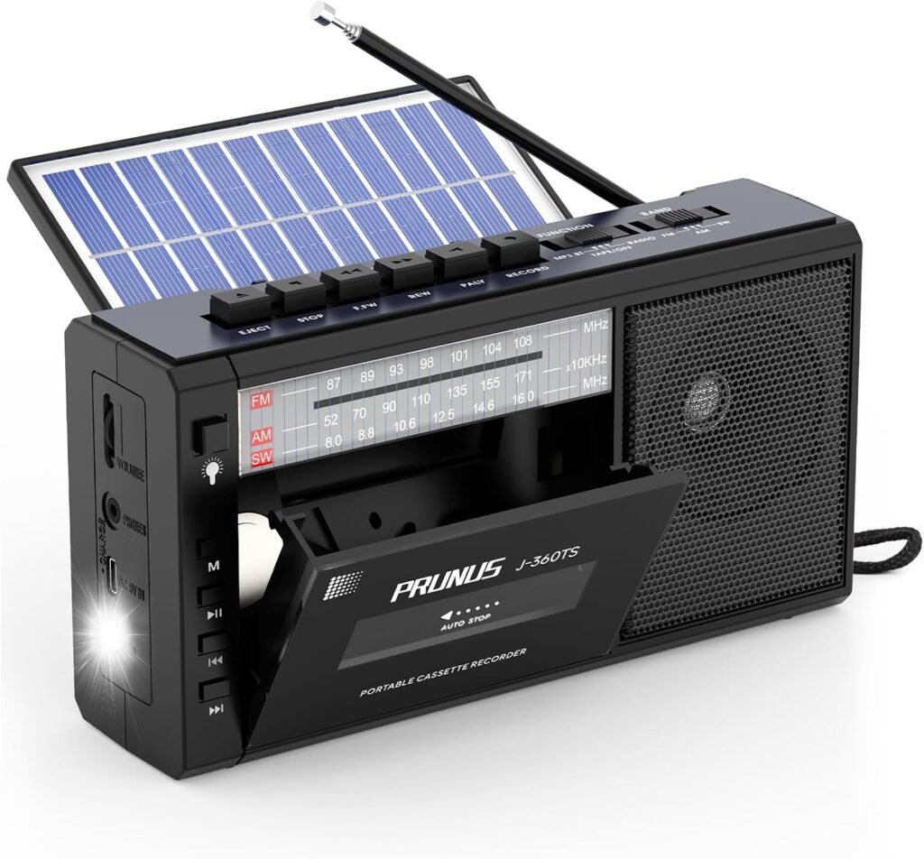 Draagbare cassette recorder met AM/SW/FM radio, Bluetooth speaker, zonnepaneel en LED-lamp