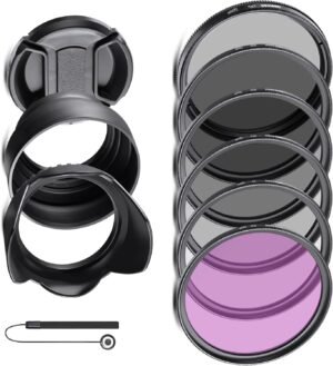 Lens filter set 52mm met UV, CPL en ND filters voor camera lenzen inclusief zonnekap en reinigingsdoek