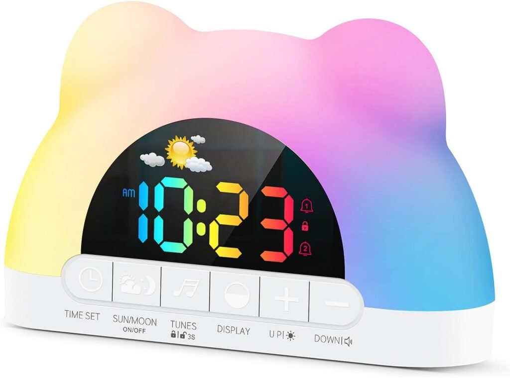 Kinderwekker met slaaptrainer, 11 RGB kleuren, nachtlampje en dubbele alarmen
