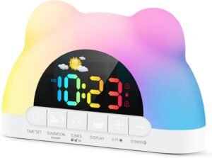 Kinderwekker met Slaaptrainer – Digitale Wekker met Nachtlampje – 11 RGB Kleuren – Dubbele Alarmen voor Peuters en Kinderen