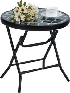 Opvouwbare Ronde Salontafel – Glazen Tuintafel met Metalen Frame – Balkon- en Terrastafel – Weerbestendig en Makkelijk Schoon te Maken