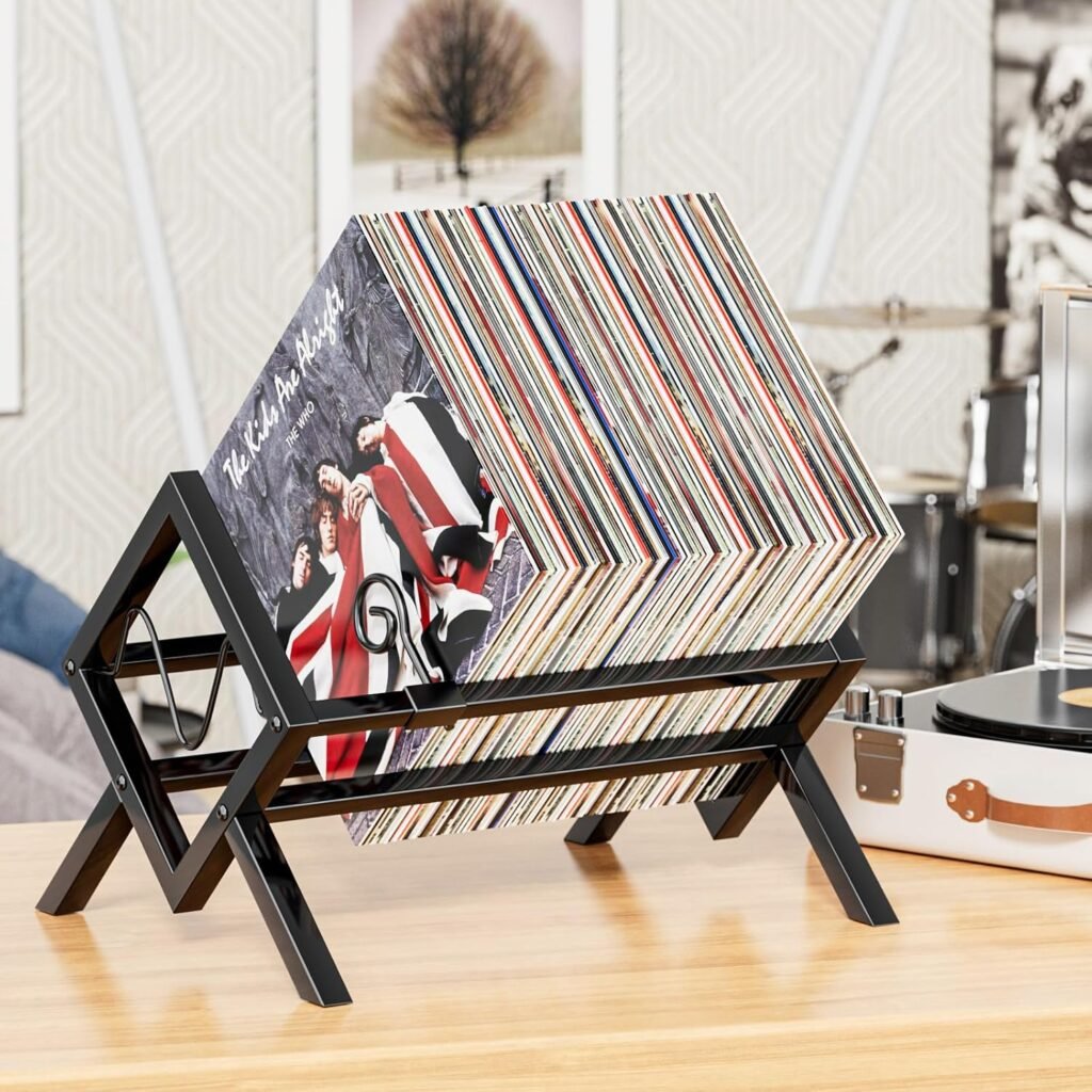 Zwarte vinyl standaard voor 80-100 LP’s, metalen platenrek met album- en cd-opslag