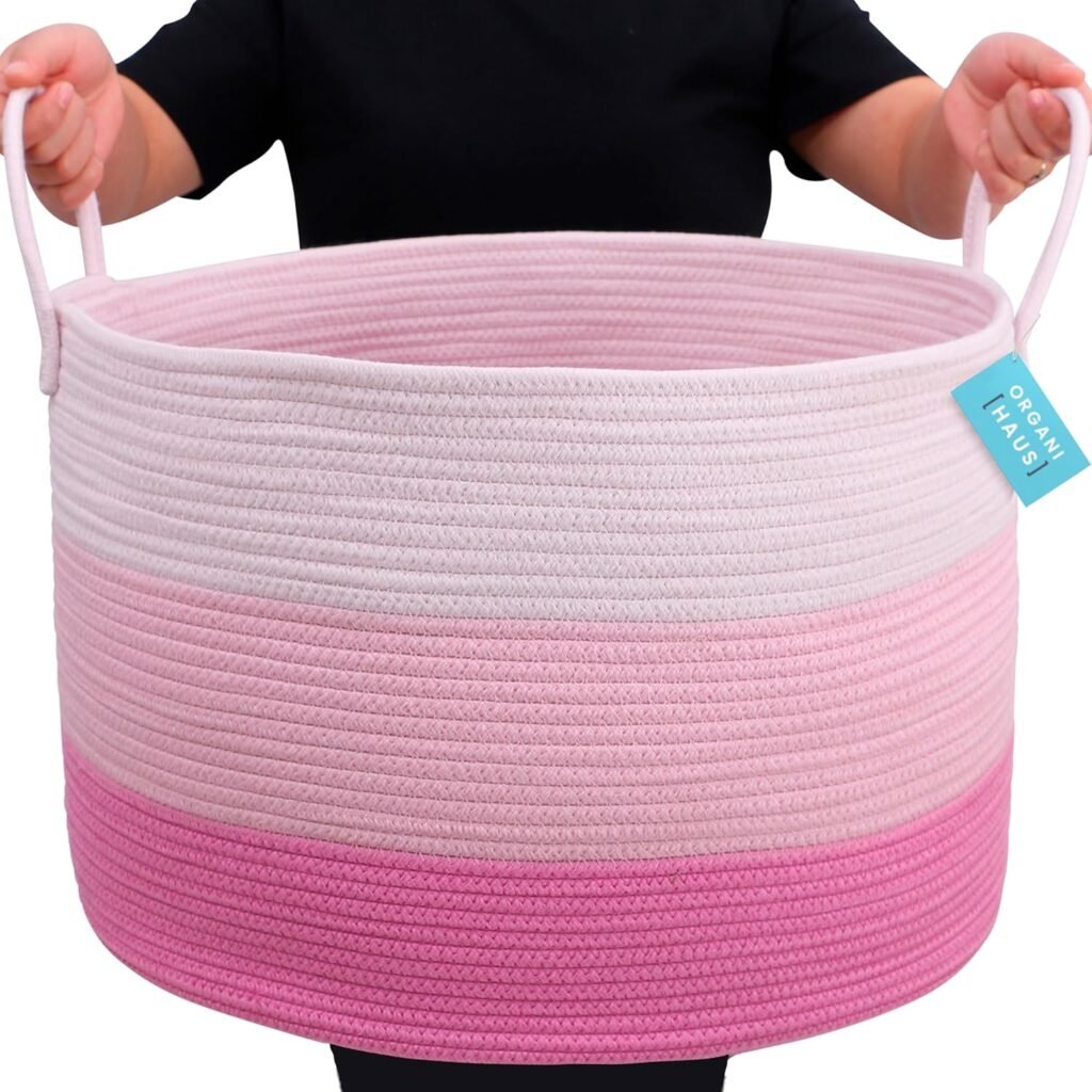 Roze opbergmand van katoenen touw, 50x33 cm, voor wasgoed, dekens, speelgoed en kussens