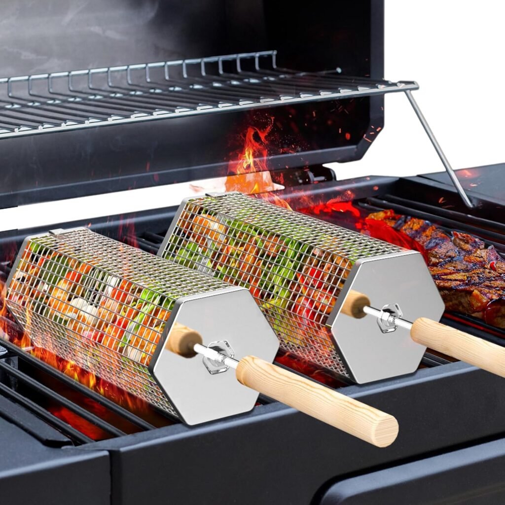 Achtkantige roterende grillmand van 304 RVS met afneembaar houten handvat voor groenten en garnalen op de barbecue