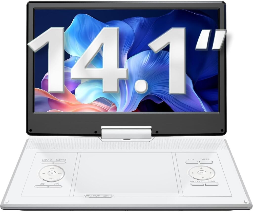 Draagbare dvd-speler 14,1 inch met draaibaar HD-scherm, USB/SD en 4-6 uur accuduur, wit