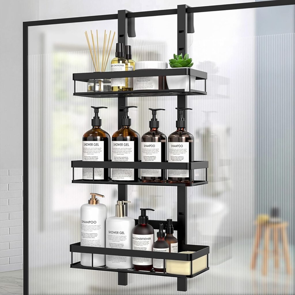 Zwart hangend doucherek zonder boren met verstelbare hoogte en shampoohouder