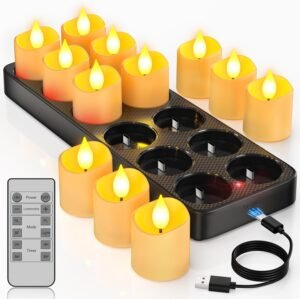 Oplaadbare LED Theelichten met Timer - Elektrische Kaarsen met Flikkerend Licht - Met Afstandsbediening en Oplaadstation - Set van 12 Stuks