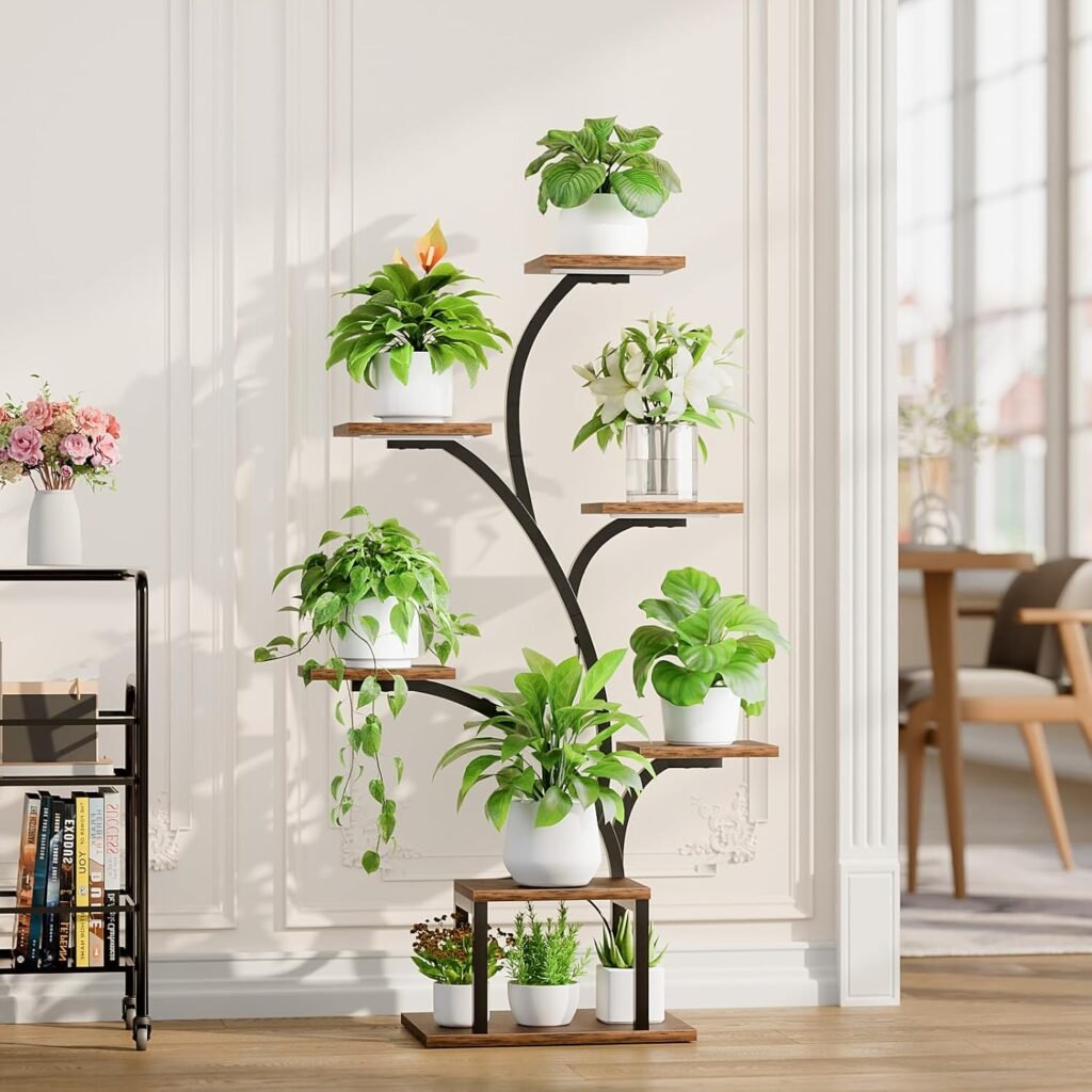 Plantenrek met groeilamp voor binnen, 7-laags metalen plantenstandaard met LED-verlichting en hoekmodel, 124,5 cm hoog