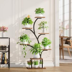 Plantenrek met groeilamp voor binnen, 7-laags metalen plantenstandaard met LED-verlichting en hoekmodel, 124,5 cm hoog