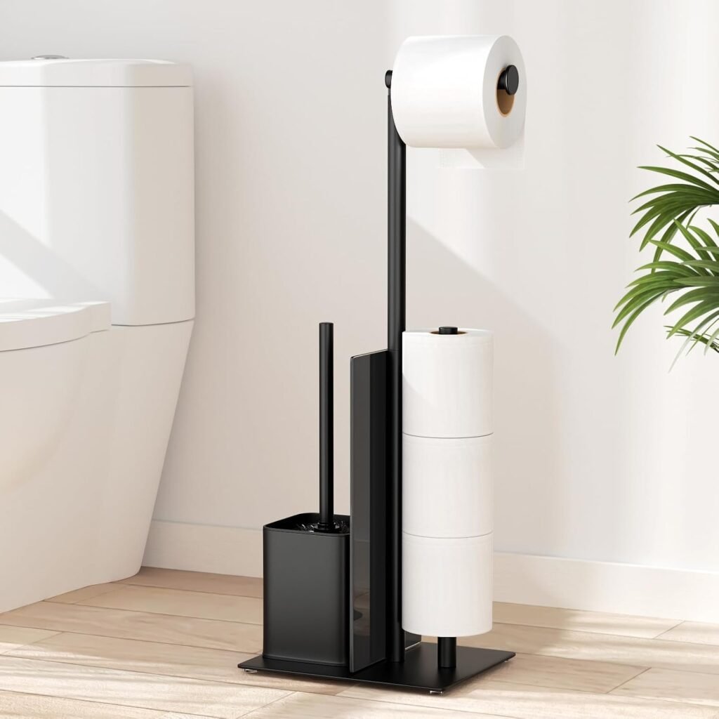 Toiletpapierhouder RVS staand met toiletborstel en glazen plank voor badkamer