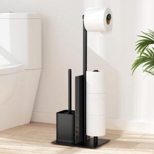 Toiletpapierhouder Staand RVS met Toiletborstel – Vrijstaande Toiletrolhouder met Glazen Plank – Zonder Boren