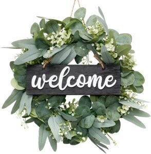 Eucalyptus Krans voor Voordeur – Kunstmatige Deurkrans met Welkom Bord – Groene Wanddecoratie – Ø46 cm, Binnen en Buiten