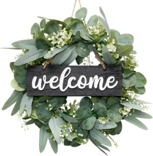 Eucalyptus bladeren krans voor voordeur 46 cm met welkom bord, groene kunstmatige deurkrans voor lente en zomer, raam- en wanddecoratie