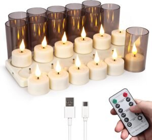 Set van 12 oplaadbare LED theelichtjes met warm knipperend licht en afstandsbediening