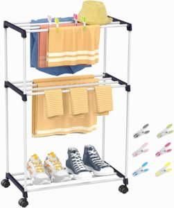 Kledingrek met Wielen – Vrijstaand Droogrek voor Kleding en Handdoeken – Ruimtebesparend met 3 Niveaus – Voor Badkamer en Bijkeuken