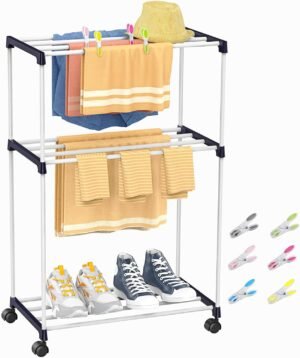 Klein kledingrek met wielen, 3 niveaus, voor kleding en handdoeken