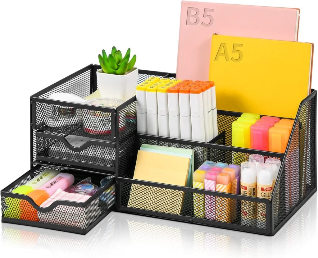 Mesh bureau organizer met lades zwart, 6 compartimenten en 2 lades voor kantoorbenodigdheden