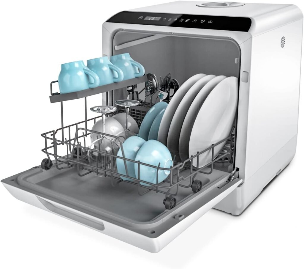 Mini afwasmachine 43 cm wit met 4 besteksets en wateraansluiting