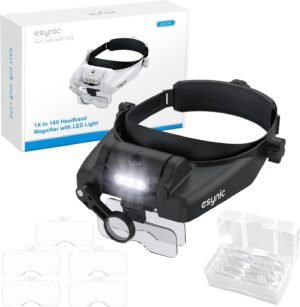 Hoofdband vergrootglas met LED verlichting, 1-14x vergroting en 5 lenzen voor horlogemakers, DIY en precisiewerk, oplaadbaar Type-C zwart