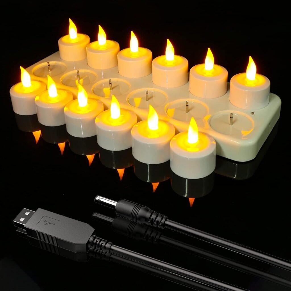 Oplaadbare LED waxinelichtjes set met 12 flameloze kaarsen, glazen houders en USB oplaaddock voor decoratie