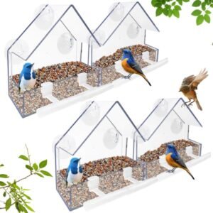 Raam Vogelvoederhuisje Set van 4 – Acryl Voederhuisje voor Buiten – Met Zuignappen en Voederstangen – Transparant, 15 x 6 x 15 cm