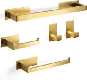 Wandgemonteerde handdoekrek set met 5 stuks RVS handdoekrails en handdoekhaken in gouden afwerking voor badkamer en keuken