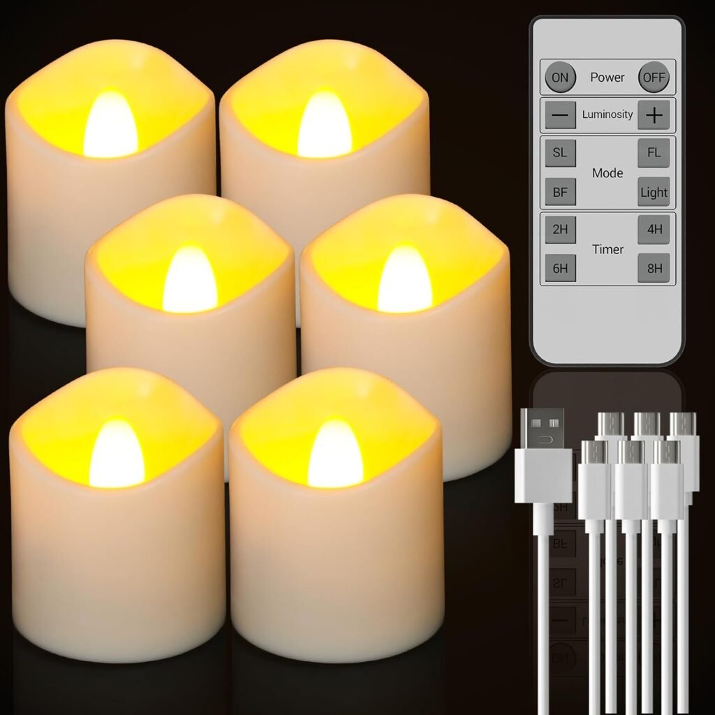Oplaadbare LED waxinelichtjes set van 6 met flikkerend vlam effect, afstandsbediening en timer