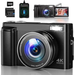 Digitale 4K camera met 48MP autofocus, 180° flip screen, 16x digitale zoom en 32GB geheugenkaart