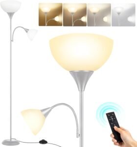 Vloerlamp met Leeslamp – Dimbare LED Lamp met 3 Kleurtinten – Timerfunctie en Afstandsbediening – 9W, Zilver, Energieklasse E