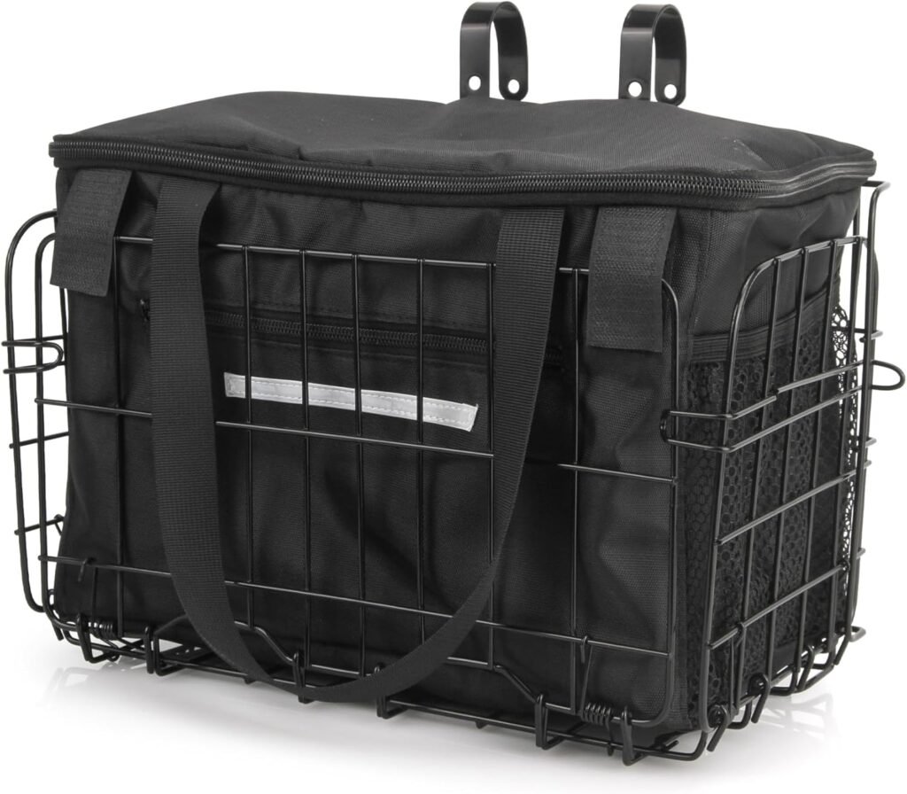 Opvouwbare metalen fietsmand met zwarte nylon binnenzak en snelkoppeling voor boodschappen en dagelijks gebruik